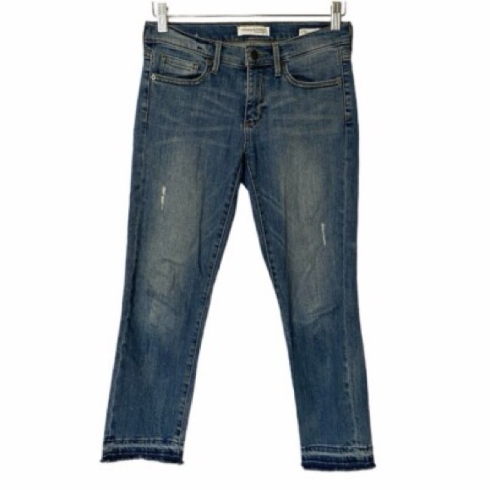 Banana Republic Straight Crop Jeans 31P Petite Frayed Hem Distressed Denim Blue